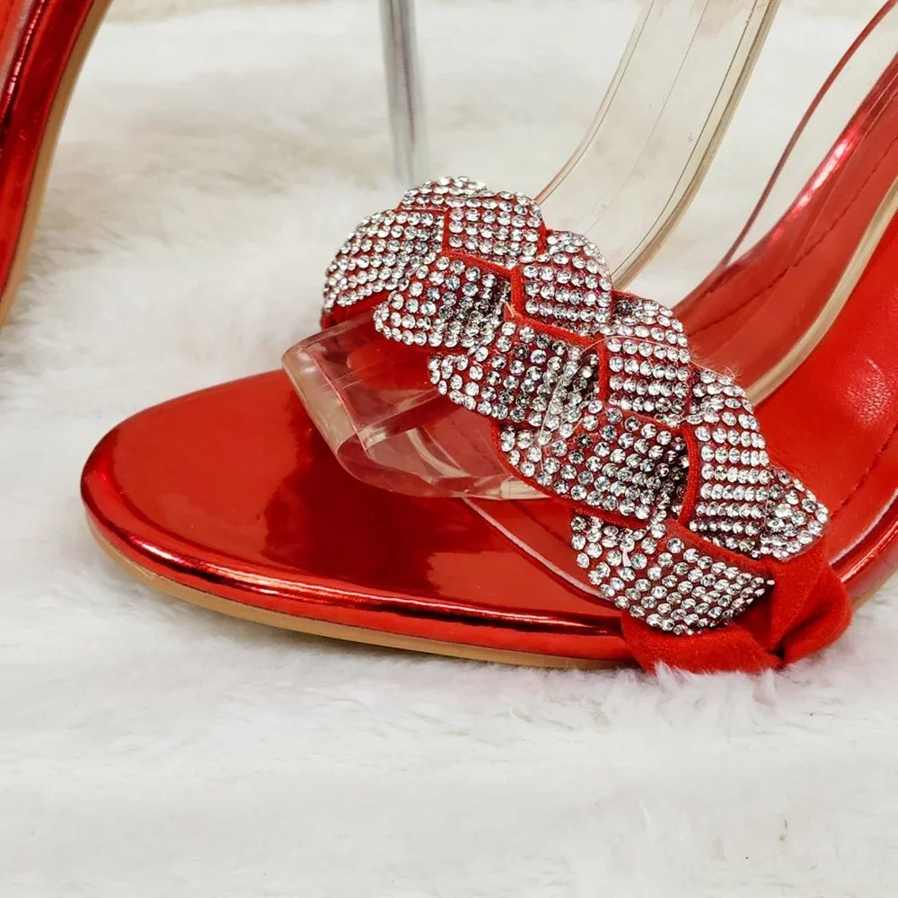 Eva Red Metallic Braided Rhinestone Stiletto Heel Wrap Strap Sandal NEW